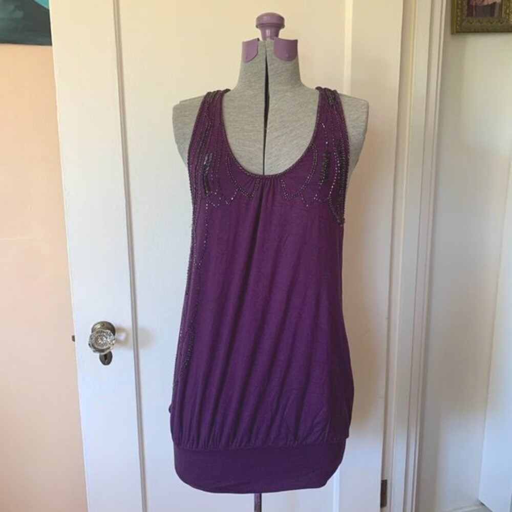 Marineblu Purple Beaded Racerback T-Back Blouson Tank Top Medium